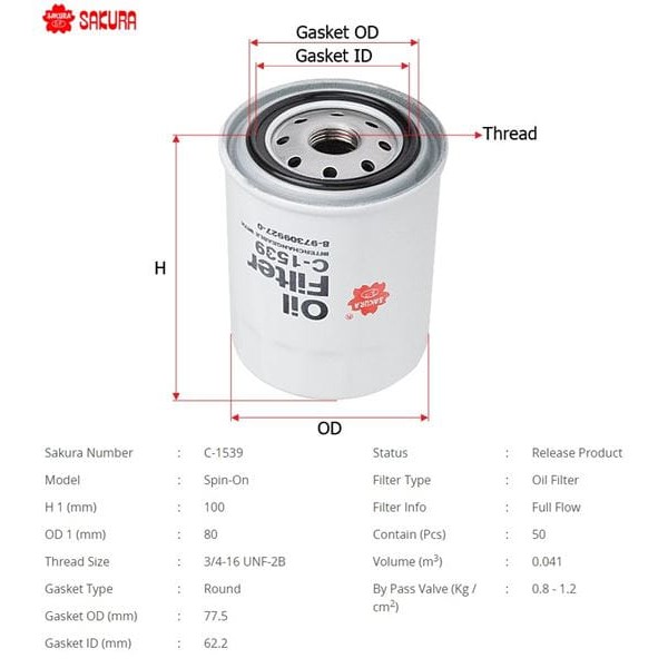 SAKURA C1539 Yağ Filtresi Dmax 02-12 2.5 3.0 Dıtd 