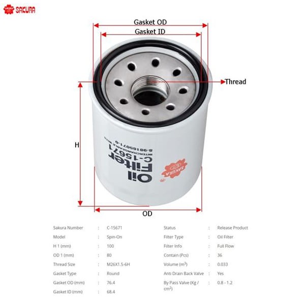 SAKURA C15671 Yağ Filtresi 