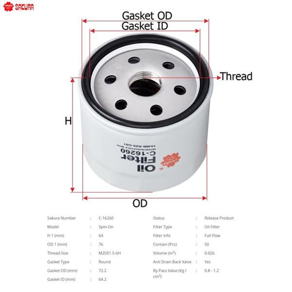 SAKURA C16260 Yağ Filtresi Civic I Dtec 13- Rav4 Re6 14- Grand Vitara 05-15