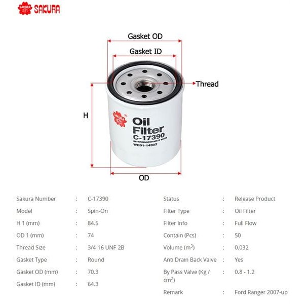 SAKURA C17390 Yağ Filtresi B2500 (Un) : Ranger (Er) 2.5 Td 99-06 99-06 2.5 Td