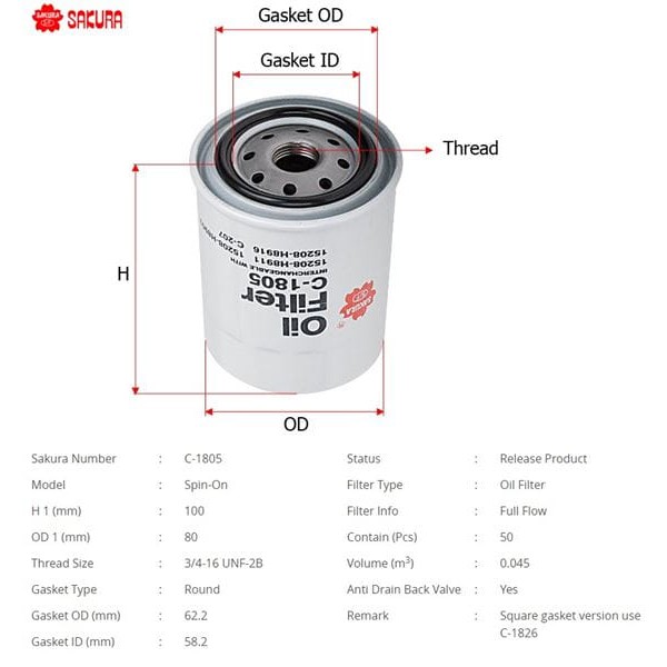 SAKURA C1805 Yağ Filtresi Dmax Sunny Primera B13 90-93 