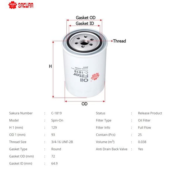 SAKURA C1819 Yağ Filtresi Pıck Up D22 98- W933/1 