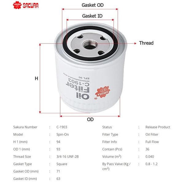 SAKURA C1903 Yağ Filtresi Navara 05-10 Cherokee 4.0 4.7 5.2