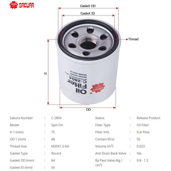 SAKURA C2804 Yağ Filtresi Accent Blue Getz 02- 1.1 İ10 08- 1.1 1.2 İ20 08- 1.2 Atos 97- 1.1 1.1 2.5