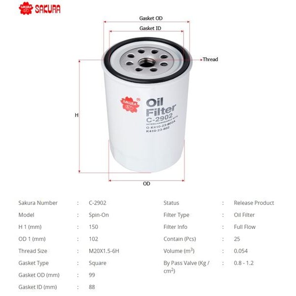 SAKURA C2902 Yağ Filtresi K2700 99- 2.7D Bongo K3500 Pregio 