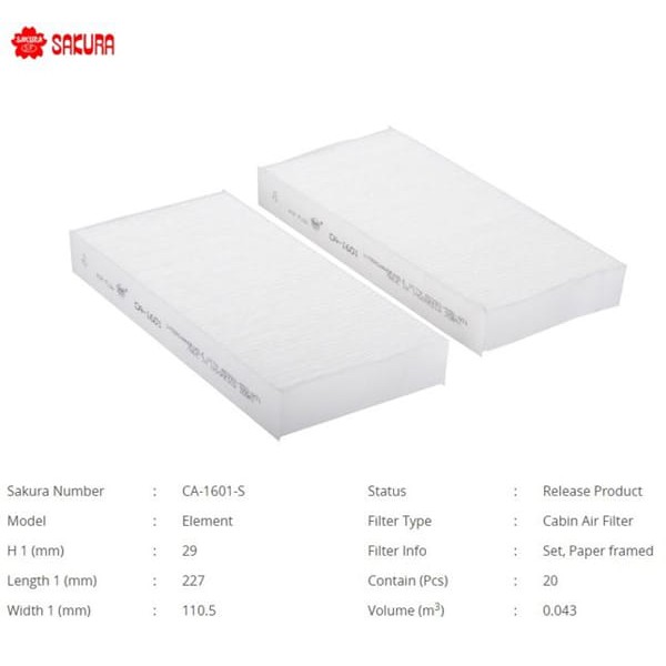 SAKURA CA1601S Polen Filtresi Civic (Es	 Ep	 Eu) : Crv (Rd) 2.0 / 2.2 İ-CTDI 02-06 01-05 1.4:1.6 Set