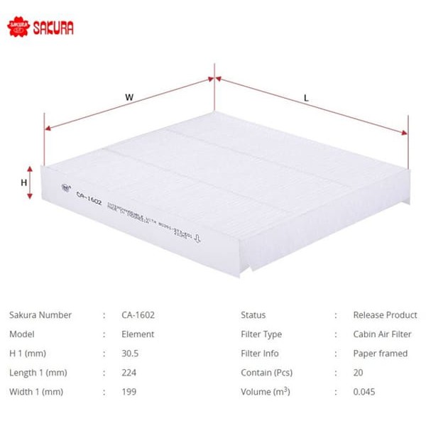SAKURA CA1602 Polen Filtresi Civic 96-00 Crv 97-01 Hrv 99-02 Lancer 09- Asx 09- Outlander 09-
