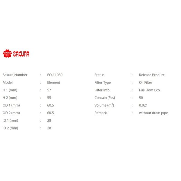 SAKURA EO11050 Yağ Filtresi Corolla 10-12 Auris 10-12 Avensis 09-12 Rav4 Sırıon 1.4 1.6 1.8 2.0 Vvtı
