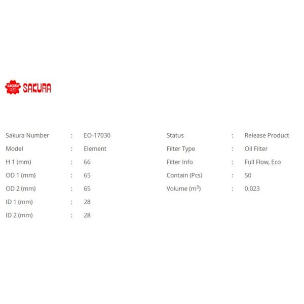 SAKURA EO17030 Yağ Filtresi Ranger 11- Ranger Tke 11- 2.2 155Ps Ranger Yeni Model Ranger 3.2 TDCI / 