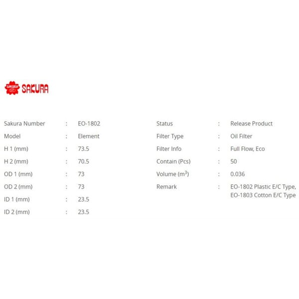 SAKURA EO1802 Yağ Filtresi 2.2 DCI Yd25 