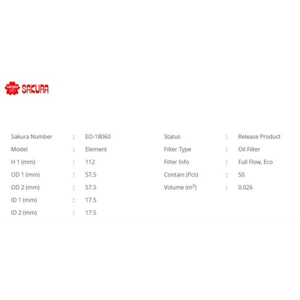 SAKURA EO18060 Yağ Filtresi Nissan Xtrail 11- Qashqai 1.6 DCI 14- Master III Movano 2.3 DCI Trafic I