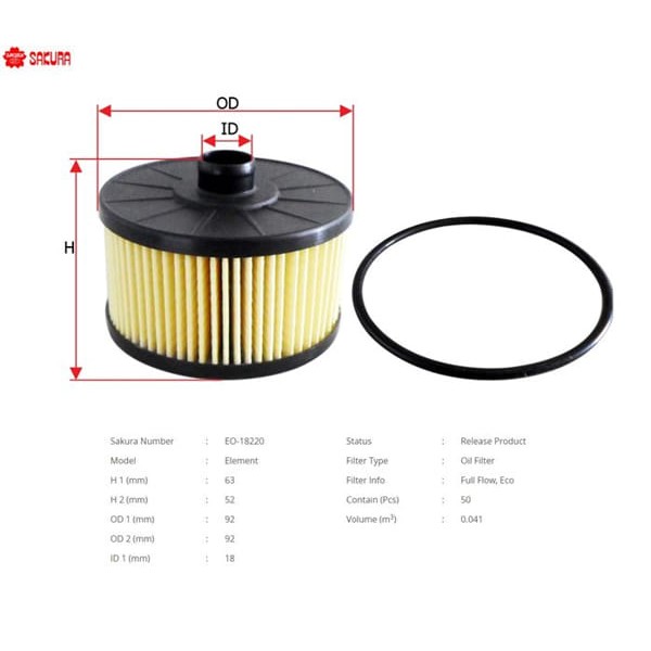 SAKURA EO18220 Yağ Filtresi Qashqai (J11) : Juke (F15) 14- : Pulsar (C13) 15- 14- 1.2