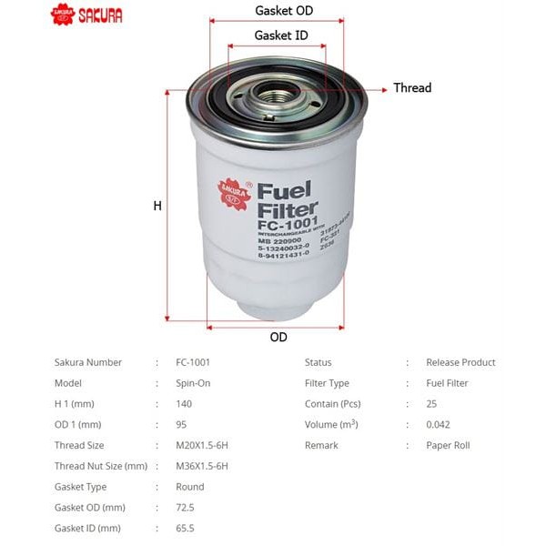 SAKURA FC1001 Mazot Filtresi L-300 L-200 05- H 100 Mın 