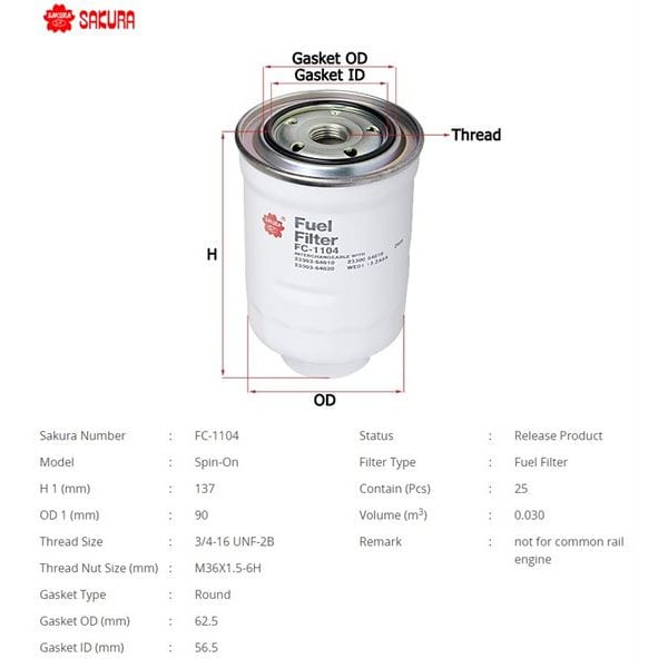 SAKURA FC1104 Mazot Filtresi Hilux Hıace L200 2.5Dıd