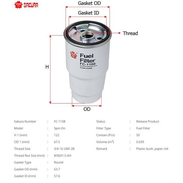 SAKURA FC1108 Mazot Filtresi Corolla Yaris Avensis Rav4 D4D 