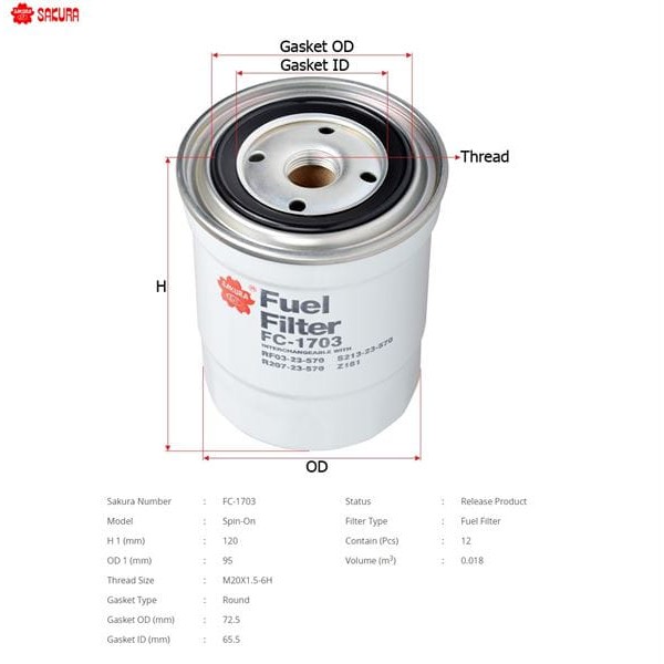 SAKURA FC1703 Mazot Filtresi Besta Bongo Yeni Model Ceres / E2200 94-98 2.5D 4Wd 78Hp 