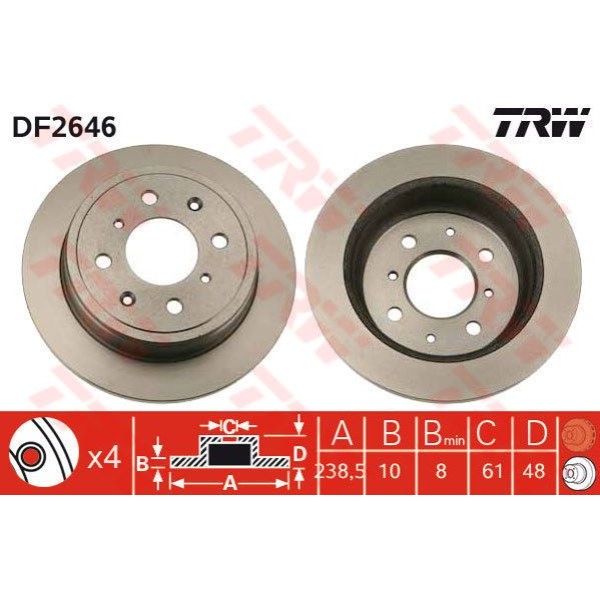 TRW DF2646 Fren Diski Arka Civic IV 87- Civic VI 95- Accord 85- Crx 87- Concerto 89- / 25 99- 45 00-