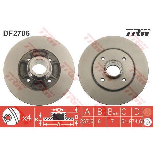 TRW DF2706 Fren Diski Arka R19 CLIO I II Megane Düz 238Mm