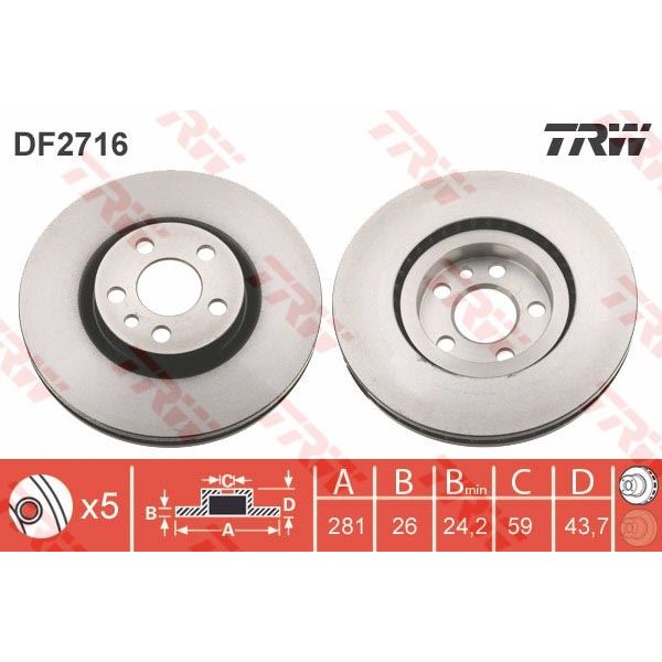 TRW DF2716 Fren Diski Ön Ulysse 94- Scudo 96- / Zeta 94- / 806 94- Expert I 95- / Evasıon 94- Jumpy