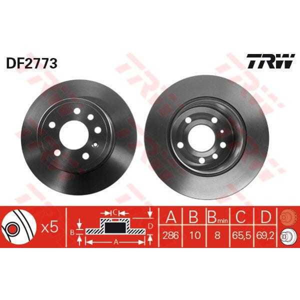 TRW DF2773 Fren Diski Arka Vectra B 95- / 900 93- 9-3 98- 9-5 97- Düz 286Mm 5 Bijon