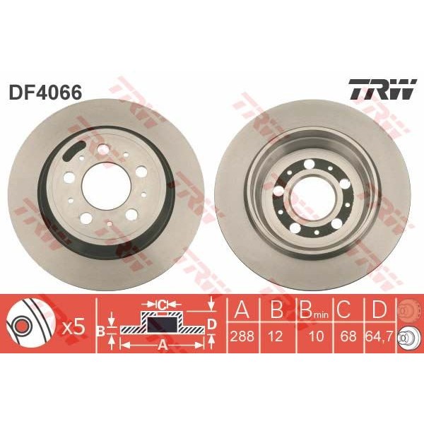 TRW DF4066 Fren Diski Arka S60 00- S80 98- V70 Xc70 00- 15 Jant Düz 288Mm 