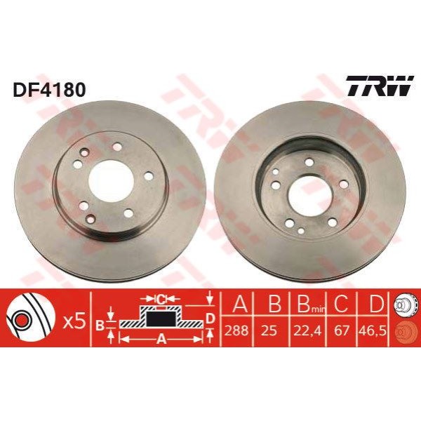 TRW DF4180 Fren Diski Ön Mercedes W202 W203 W208 W210 95-05 Havalı 5 Bijon 288Mm 