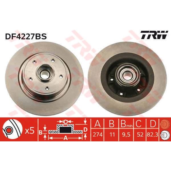 TRW DF4227BS Fren Diski Arka Laguna II 01- Rulmanlı Düz 274Mm 