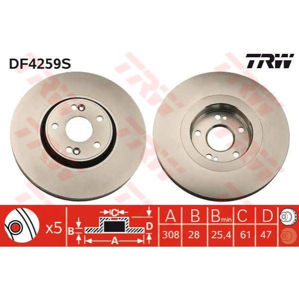 TRW DF4259S Fren Diski Ön Laguna II 01- 308X28 5 Delık Havalı 