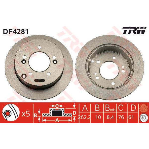 TRW DF4281 Fren Diski Arka Sonata V 05- Tucson 04- / Magentıs 06- Sportage 04- Düz 262Mm 