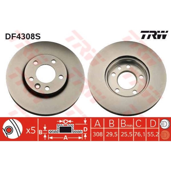 TRW DF4308S Fren Diski Ön Touareg 7L 02- Transporter T5 03- Transporter T6 15- 16 Jant Havalı 308Mm 