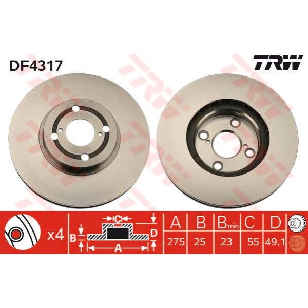 TRW DF4317 Fren Diski Ön Corolla 03-07 Dizel Havalı 275Mm 