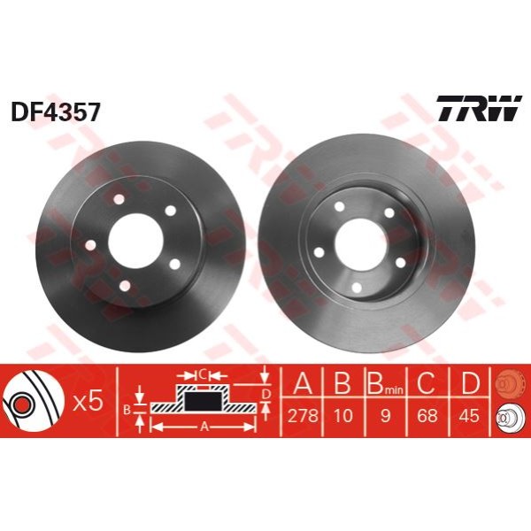 TRW DF4357 Fren Diski Arka Primera P12 02- Düz 278Mm 