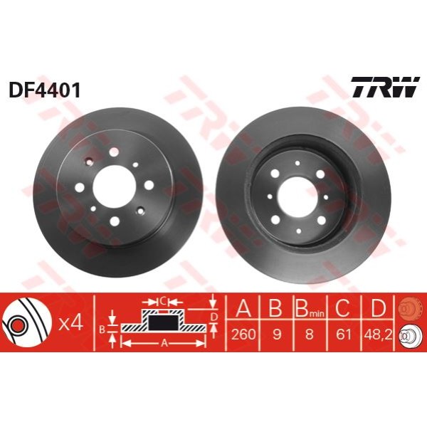 TRW DF4401 Fren Diski Arka Civic Sedan 01-05 / Gemını 90-93 Düz 260Mm 