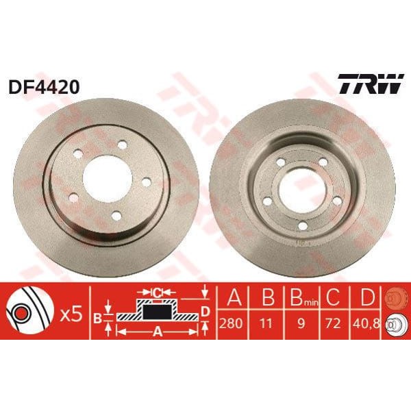 TRW DF4420 Fren Diski Arka Mazda 3 03-10 Mazda 5 05- Düz 280Mm