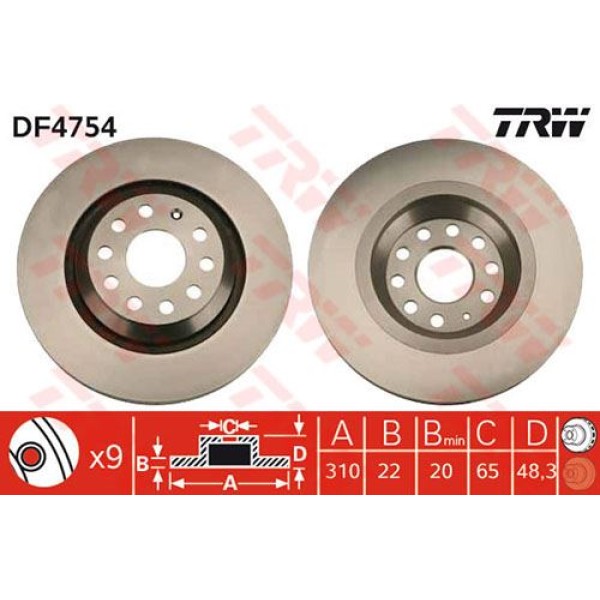 TRW DF4754 Fren Diski Arka Golf VI 08- Golf Vıı Sportsvan 14- Passat B6 B7 B8 Scırocco 08- Tiguan II 