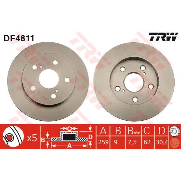 TRW DF4811 Fren Diski Arka Corolla 07- Auris 07- Benzinli Düz 259Mm 