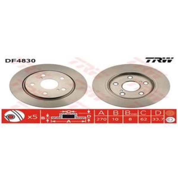 TRW DF4830 Fren Diski Arka Corolla 07- Auris 07- Dizel Düz 270Mm