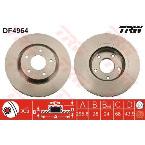 TRW DF4964 Fren Diski Ön Koleos 08- / Qashqai 07- X-Traıl 07-13 Havalı 296Mm 
