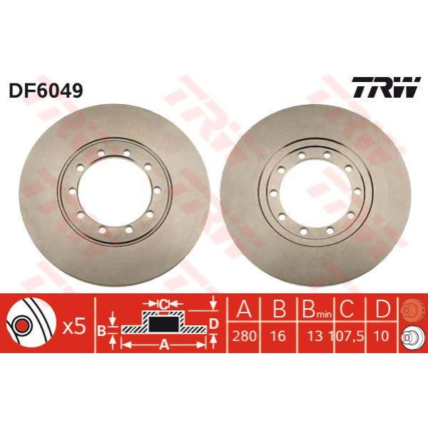 TRW DF6049 Fren Diski Arka Transit V347 06- Önden Ve Arkadan Çelıslı Düz 280Mm
