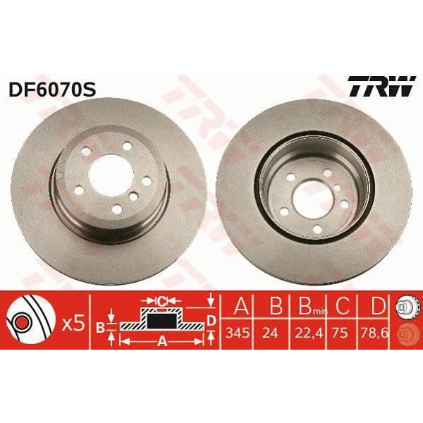 TRW DF6070S Fren Diski Arka Bmw X5 E70 F15 Bmw X6 E71 E72 F16 Havalı 345Mm 