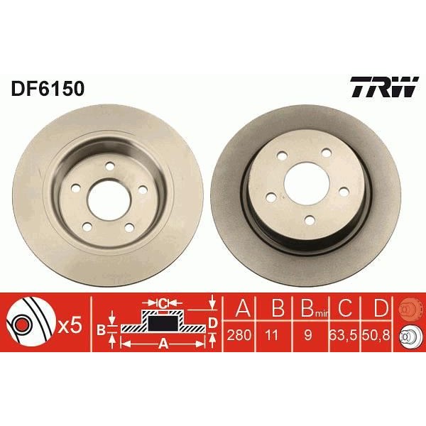 TRW DF6150 Fren Diski Arka Cmax 10- Kuga 13- Tourneo Connect 13- Transit Connect 13- Düz 280Mm 5 Bij 