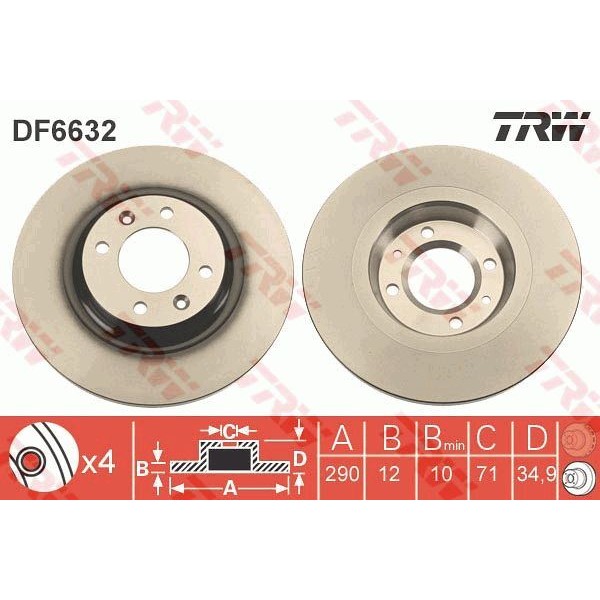 TRW DF6632 Fren Diski Arka 308 3008 09- 2.0 HDI Hybrid4 / C4 II 10- Ds4 11- Ds5 11- Düz 290Mm 