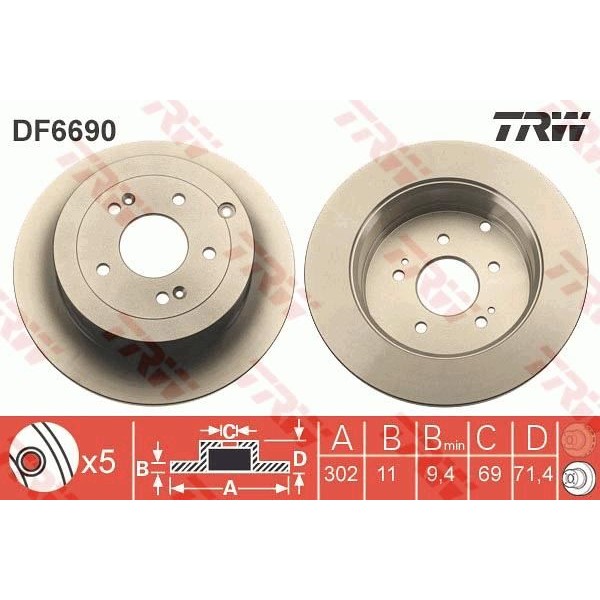 TRW DF6690 Fren Diski Arka CLIO IV 13- / Santafe 06- Düz 302Mm 