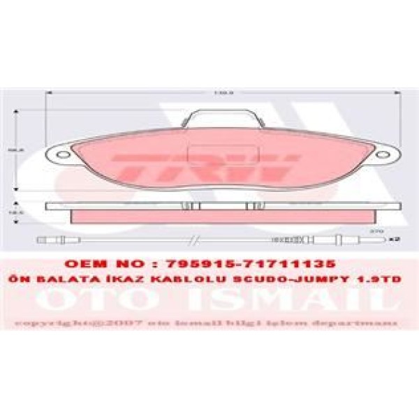 TRW GDB1216 Fren Balatası Ön Fişli Ulysse 94- Scudo 96- / 806 94- Expert I 95- / Evasıon 94- Jumpy I