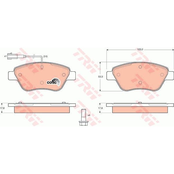 TRW GDB1482 Fren Balatası Ön Tek Fişli 500 07- Albea Linea 07- Doblo Cargo Fiorino 08- Bravo II 07-