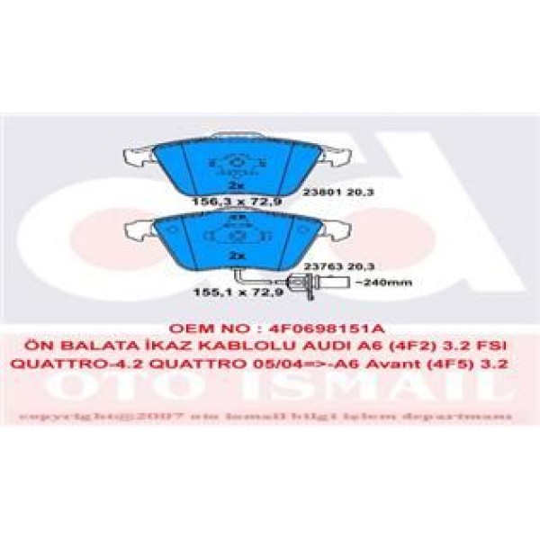 TRW GDB1617 Fren Balatası Ön Fişli Vectra C 02- 2.8 V6 / A4 04-08 A6 04- A8 03- / Exeo 09- / Focus /