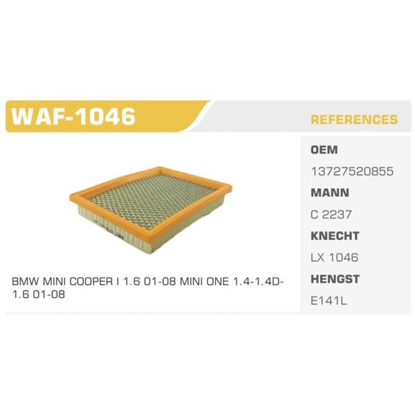 WINKEL WAF-1046 Hava Filtresi Cooper 04- 1.6 115Hp Koli: 40 Ad.