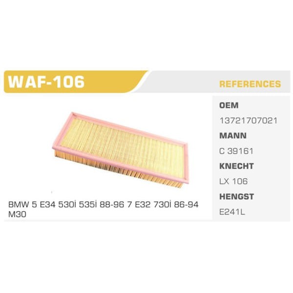 WINKEL WAF-106 Hava Filtresi Bmw 5 E34 E39 Bmw 7 E32 E38 530İ 535İ 540İ 740İ 840İ Koli: 20 Ad.