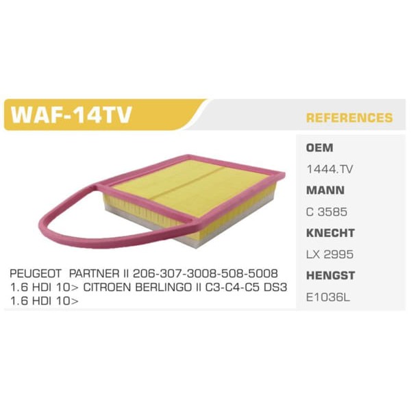 WINKEL WAF-14TV Hava Filtresi 206 207 308 508 Partner / C3 C4 II C4 Cactus C5 II Berlingo 1.6 HDI 