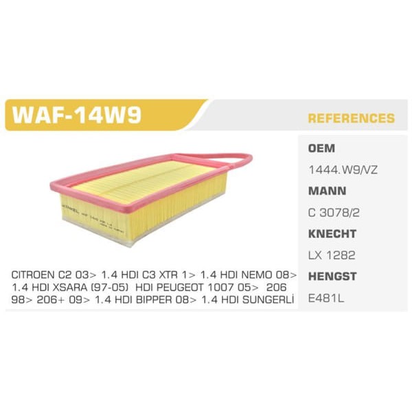 WINKEL WAF-14W9 Hava Filtresi 206 207 307 Bipper / Xsara C2 C3 Nemo / Fiesta Fusion 1.4 HDI 1.4 TDCI 